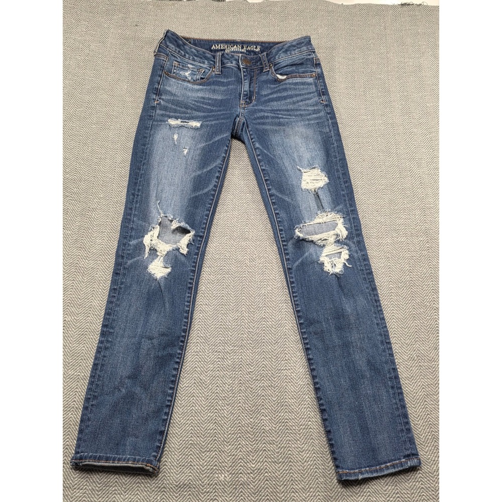 American Eagle Outfitter Super Stretch Skinny Jeans Distressed Blue Women Size 2